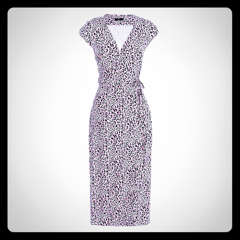 Midi wrap dress in soft rayon pink leopard print
